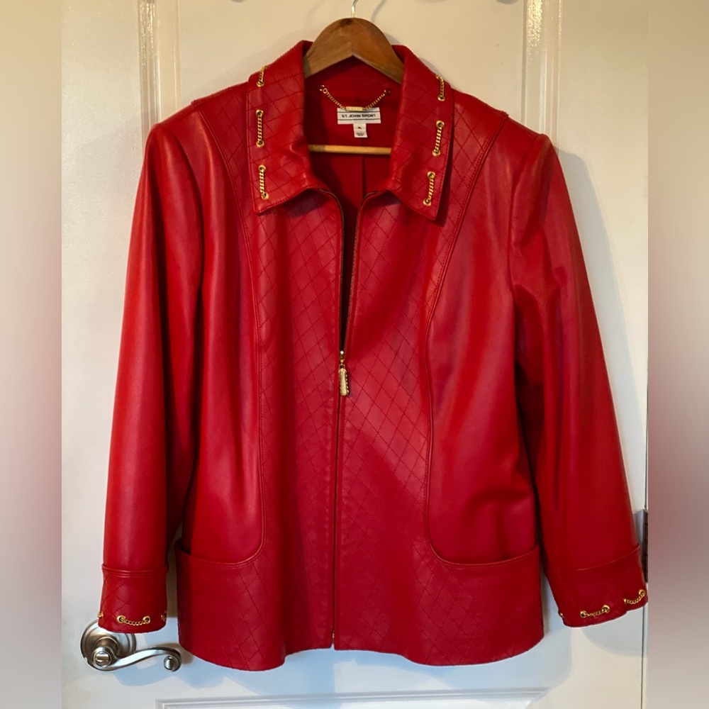 St. John Sport Lambskin Leather Jacket Red Chain Detail XL